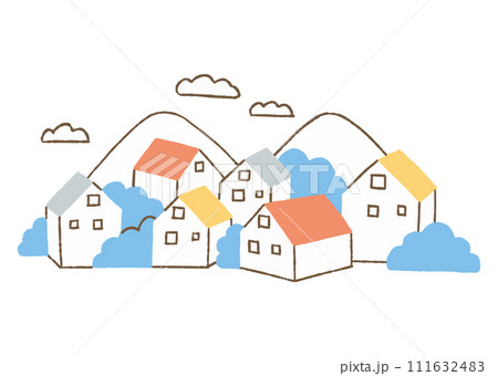 山を背景に立ち並ぶ家々_色 山を背景に立ち並ぶ家々_色 111632483