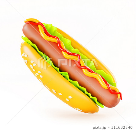 3d hot dog street snack render icon. Realistic fast food hotdog with sesame bun, sausage, salad, ketchup and mustard sauce isolated on white background. Restaurant menu design element. 3D illustration 3d hot dog street snack render icon. Realistic fast food hotdog with sesame bun, sausage, salad, ketchup and mustard sauce isolated on white background. Restaurant menu design element. 3D illustration 111632540