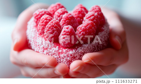 Female hands holding delicious heart-shaped cake with fresh raspberries, closeup 111633271