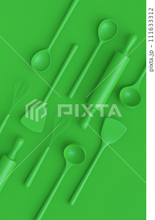 Wooden kitchen utensils, tools and equipment on green monochrome background. Wooden kitchen utensils, tools and equipment on green monochrome background. 111633312