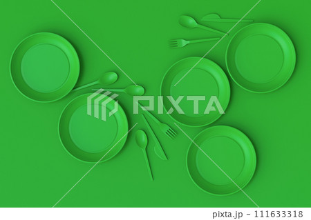 Set of disposable utensils like plate, folk, spoon,knife, cup and pepper mill 111633318