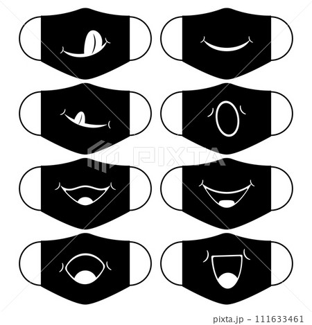Set of designs of reusable mouth funny masks with smile on faces in vector. Black face protection masks with simple prints. Isolated illustrations.  111633461