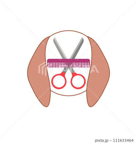 Dog grooming logo design template. Dog head with comb and scissors. Vector clipart and drawing. Isolated illustration on white background. Dog grooming logo design template. Dog head with comb and scissors. Vector clipart and drawing. Isolated illustration on white background. 111633464