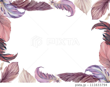 Hand drawn watercolor bird feather plume quill boho tribal ethnic indian purple. Horizontal frame isolated on white background. Design charm, amulet, dreamcatcher, scrapbooking, handmade craft, tattoo 111633794