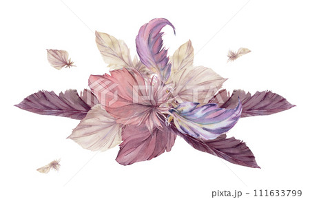 Hand drawn watercolor bird feather plume quill boho tribal ethnic indian mauve. Composition isolated on white background. Design for charm, amulet, dreamcatcher, scrapbooking, handmade craft, tattoo Hand drawn watercolor bird feather plume quill boho tribal ethnic indian mauve. Composition isolated on white background. Design for charm, amulet, dreamcatcher, scrapbooking, handmade craft, tattoo 111633799