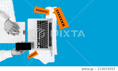 Hands securing digital devices with visual password symbols on a blue background. Password strength checker tool for enhancing account security. 111633933