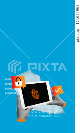 Hand with padlock and digital fingerprint authentication on tablet over binary background. Personal identity verification solutions for personal data security. Hand with padlock and digital fingerprint authentication on tablet over binary background. Personal identity verification solutions for personal data security. 111633968