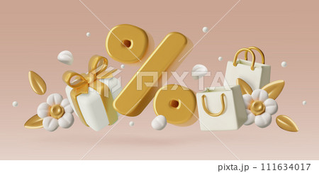 Spring discount and sale peach fuzz background with big 3d percent sign flowers and shopping bag Spring discount and sale peach fuzz background with big 3d percent sign flowers and shopping bag 111634017