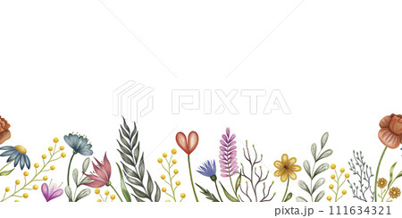 Abstract flowers seamless horizontal border. Watercolor background with hand drawn illustration isolated on white for card design, fabric print, web banner, holiday decor 111634321