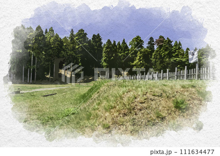 水彩画風　上越　春日山城史跡広場　土塁　新潟県上越市 111634477