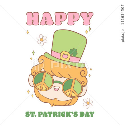 Groovy st patrick's day, happy leprechaun face cartoon doodle drawing. Groovy st patrick's day, happy leprechaun face cartoon doodle drawing. 111634507