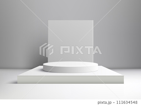 3D white podium mockup. A white backdrop and geometric square design 111634548