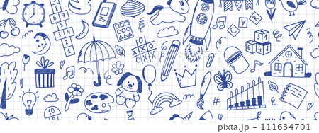 Seamless pattern with daycare doodle elements. Unicorn, hopscotch, toys, crown, umbrella, house, tree and other elements. Scribbled with chalk texture. 111634701
