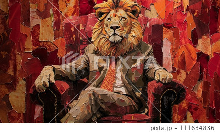Lion in a suit sits on throne. Torn paper collage. 111634836