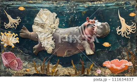Hippo in tutu dancing with octopuses underwater. Vintage torn paper collage. 111634837