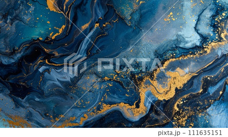 Blue abstract background of marble liquid ink. Glitter marbling for design. 111635151