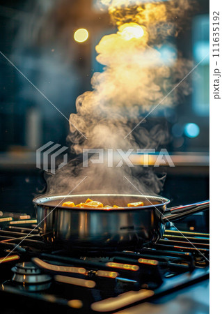 Pot of food is cooking on stove with smoke rising from it. Generative AI 111635192