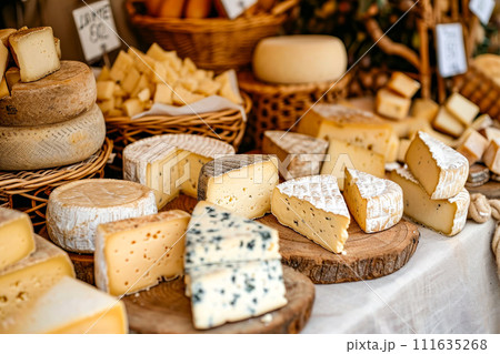Variety of cheeses are displayed on table with some in baskets and others cut into slices. Generative AI 111635268