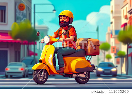 Man with beard and helmet rides orange scooter or motorcycle in city scene. Generative AI 111635269