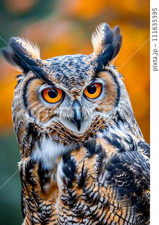 Close up of owl with orange eyes and yellow beak. Generative AI 111635395