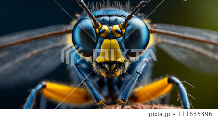 Blue and yellow fly has bright blue spot on its head. Generative AI 111635396
