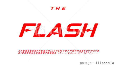 Flash energetic alphabet, energetic powerful italic letters, dynamic font for electro automotive logo, superhero comic book headline, striking racing typeface. Vector typeset 111635418