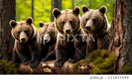 Family of bears are standing on fallen tree in the forest. Generative AI 111635449