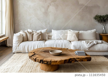 Living room with white couch and coffee table in front of wall. Generative AI 111635450