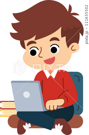 The cute boy is relaxing and enjoying using the computer laptop. Flat style cartoon illustration. 111635502