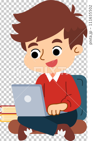 The cute boy is relaxing and enjoying using the computer laptop. Flat style cartoon illustration. 111635502