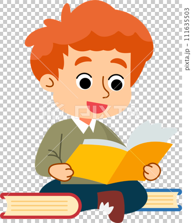 The cute boy is relaxing and enjoying reading books. Flat style cartoon illustration. 111635503