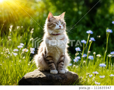 Cat is sitting on rock in field of flowers. Generative AI 111635547