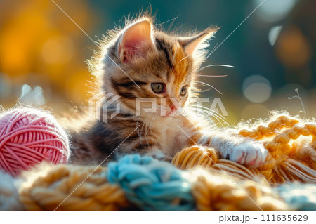 Kitten stares at something while sitting on top of ball of yarn. Generative AI 111635629