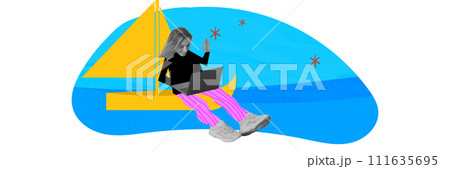 Young smiling woman sitting on yacht and having online video call, business conference with colleagues via laptop. Contemporary art collage. 111635695