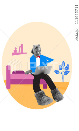 Young woman in home wear sitting on bed and working remotely on laptop. Aesthetics of freelance jobs. Contemporary art collage. 111635711