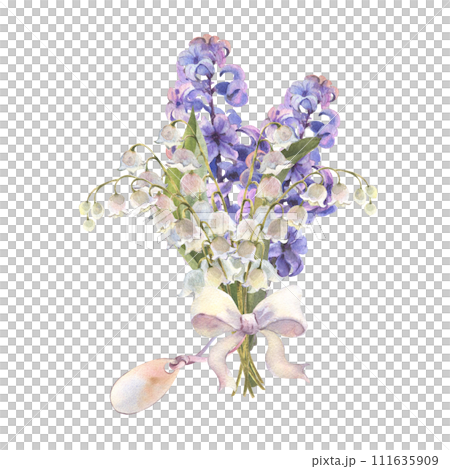 Watercolor illustration. Spring flowers hyacinth and lilies of the valley Bouquet. Design for printing postcards, invitations to weddings, birthdays, spring holidays, Easter Watercolor illustration. Spring flowers hyacinth and lilies of the valley Bouquet. Design for printing postcards, invitations to weddings, birthdays, spring holidays, Easter 111635909