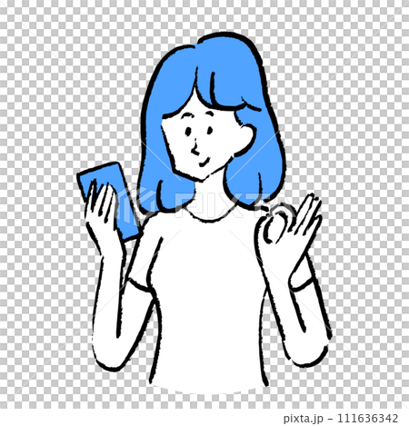 A woman looks at her smartphone and says OK A woman looks at her smartphone and says OK 111636342