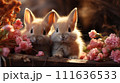 AI-generated content. Cute baby rabbits among spring flowers 111636533
