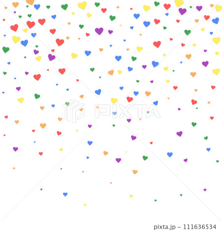 Flying hearts for valentine's day. Rainbow colored scattered hearts. LGBT valentine card. Beautiful flying hearts vector illustration. 111636534