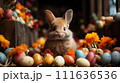 AI-generated content. Cute brown bunny surrounded by colorful easter eggs and spring flowers 111636536