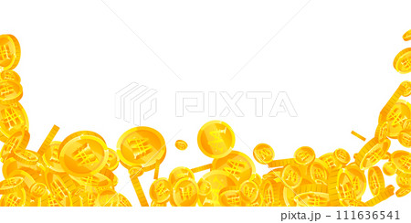Korean won coins falling. Scattered gold WON coins. Korea money. Jackpot wealth or success concept. Wide vector illustration. Korean won coins falling. Scattered gold WON coins. Korea money. Jackpot wealth or success concept. Wide vector illustration. 111636541