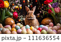 AI-generated content. Cute brown bunny surrounded by colorful easter eggs and spring flowers 111636554