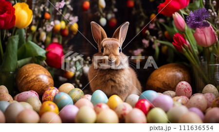 AI-generated content. Cute brown bunny surrounded by colorful easter eggs and spring flowers AI-generated content. Cute brown bunny surrounded by colorful easter eggs and spring flowers 111636554