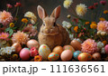 AI-generated content. Cute brown bunny surrounded by colorful easter eggs and spring flowers 111636561