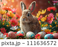 AI-generated content. Cute brown bunny surrounded by colorful easter eggs and spring flowers 111636572
