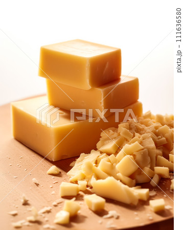Indulge in the elegance of hard cheese cubes meticulously arranged 111636580