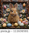 AI-generated content. Cute brown bunny surrounded by colorful easter eggs and spring flowers 111636581