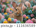 AI-generated content. Cute brown bunny surrounded by colorful spring flowers 111636589