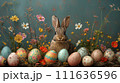 AI-generated content. Cute brown bunny surrounded by colorful easter eggs and spring flowers 111636596