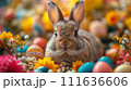 AI-generated content. Cute brown bunny surrounded by colorful easter eggs and spring flowers 111636606